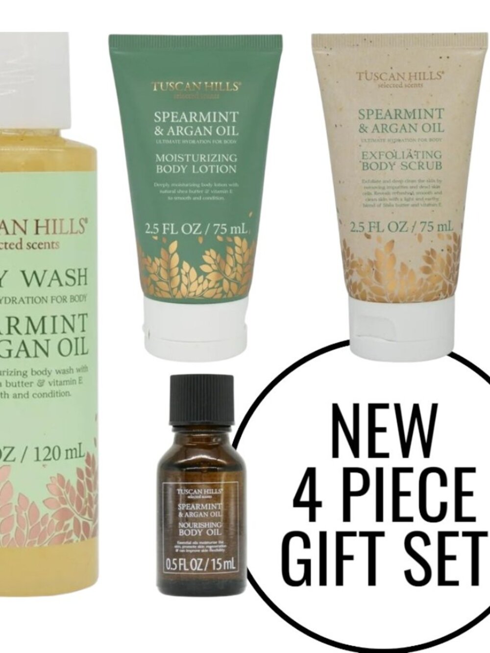 Tuscan Hills Bath and Body Care Gift Set Spearmint Argon Oil 4 Piece NEW Include